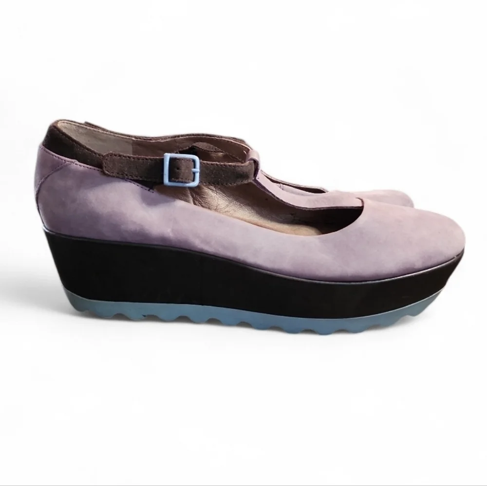 CAMPER Laika MultiColor T-Strap Chunky Platform Shoes Suede Violet Blue Gray